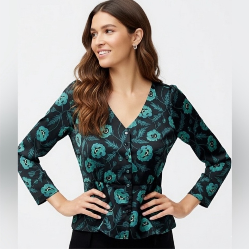 J Crew Satin Crepe Peplum Poppy Print Blouse 2 Feminine Floral Classic Teal